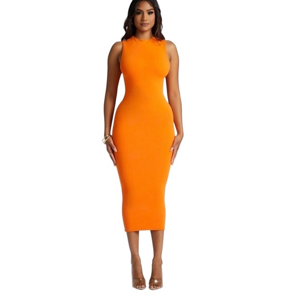 Naked Wardrobe - NWT Orange Halter Bodycon Midi Dress Sz S - Picture 1 of 8